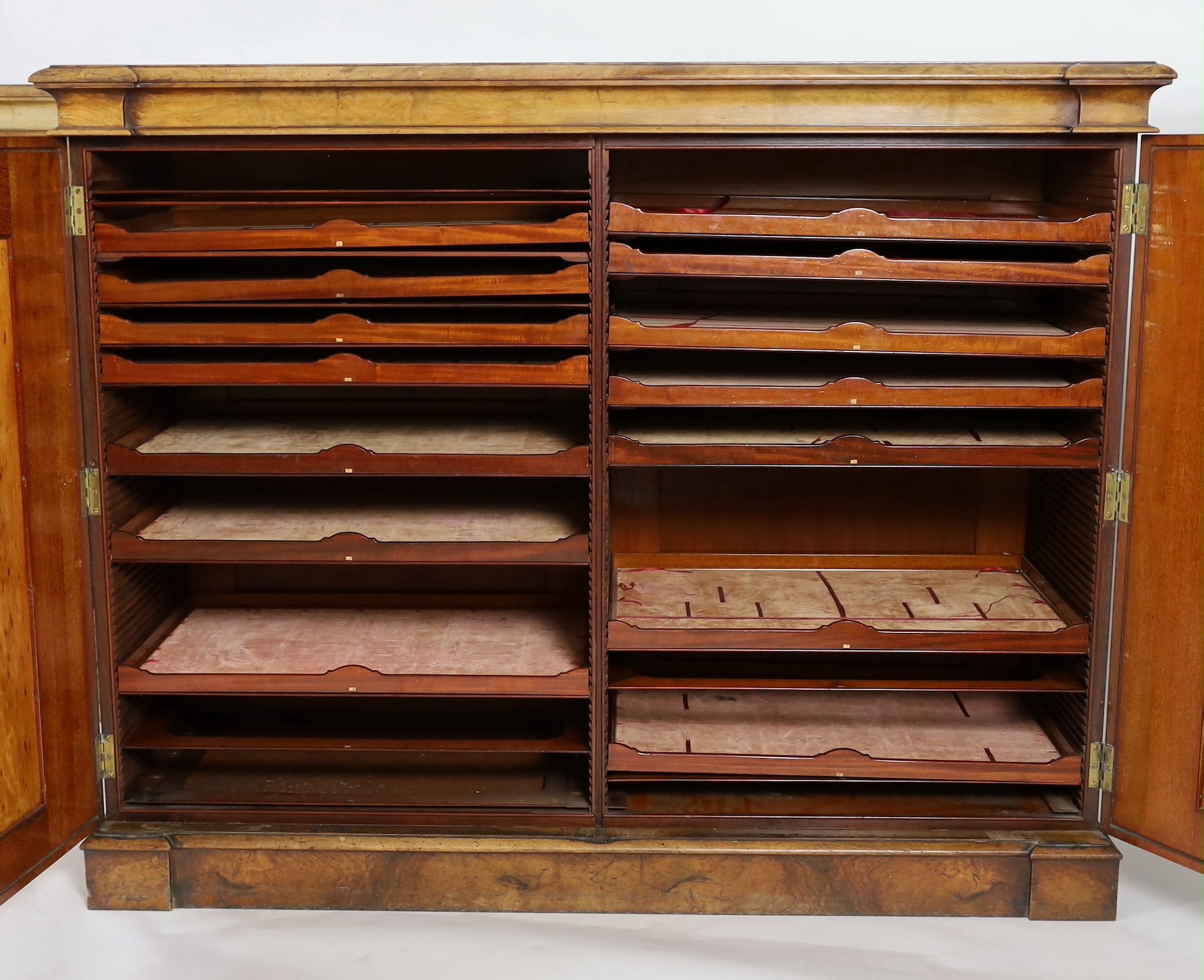 A pair of Victorian rosewood banded walnut collector's cabinets, W.143cm D.53cm H.114cm